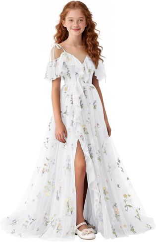 Floral Embroidered Tulle Flower Girl Dress Off Shoulder Junior Bridesmaid Dresses with Slit V-Neck Formal Dresses in Saudi Arabia