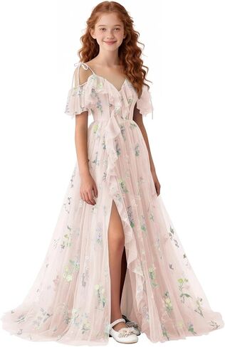 Floral Embroidered Tulle Flower Girl Dress Off Shoulder Junior Bridesmaid Dresses with Slit V-Neck Formal Dresses in Saudi Arabia