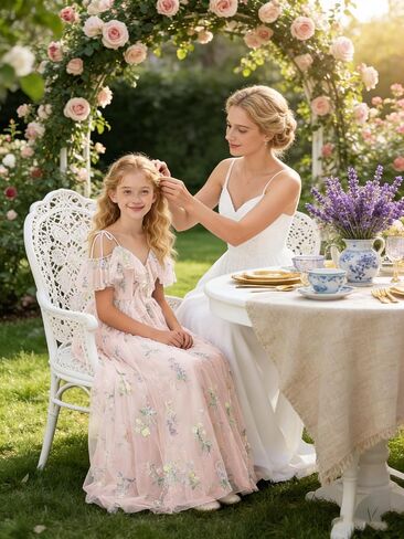Floral Embroidered Tulle Flower Girl Dress Off Shoulder Junior Bridesmaid Dresses with Slit V-Neck Formal Dresses in Saudi Arabia