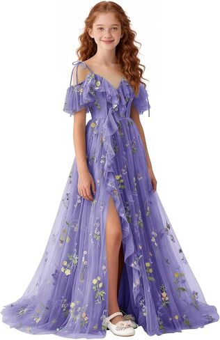 Floral Embroidered Tulle Flower Girl Dress Off Shoulder Junior Bridesmaid Dresses with Slit V-Neck Formal Dresses in Saudi Arabia