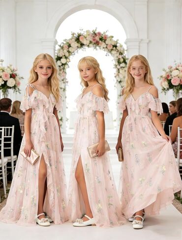 Floral Embroidered Tulle Flower Girl Dress Off Shoulder Junior Bridesmaid Dresses with Slit V-Neck Formal Dresses in Saudi Arabia