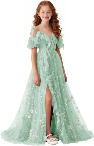 Floral Embroidered Tulle Flower Girl Dress Off Shoulder Junior Bridesmaid Dresses with Slit V-Neck Formal Dresses in Saudi Arabia