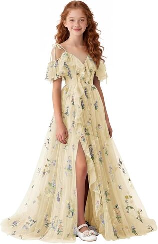 Floral Embroidered Tulle Flower Girl Dress Off Shoulder Junior Bridesmaid Dresses with Slit V-Neck Formal Dresses in Saudi Arabia