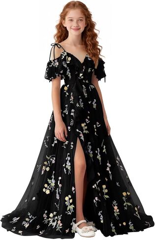 Floral Embroidered Tulle Flower Girl Dress Off Shoulder Junior Bridesmaid Dresses with Slit V-Neck Formal Dresses in Saudi Arabia