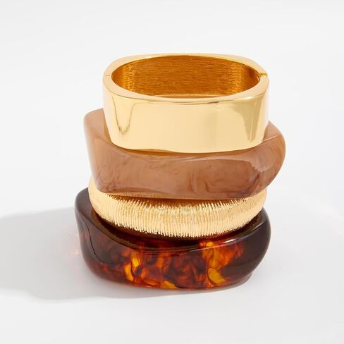 ALEXTINA Vintage Resin Bangle Set for Women – 4PCS Chunky Gold Acrylic Cuff Stack, Red Black Caramel Mix, Bold Summer Statement Bracelets Gift in Saudi Arabia