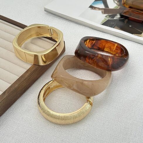 ALEXTINA Vintage Resin Bangle Set for Women – 4PCS Chunky Gold Acrylic Cuff Stack, Red Black Caramel Mix, Bold Summer Statement Bracelets Gift in Saudi Arabia