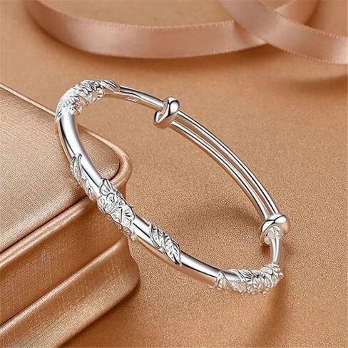 Bangle Bracelets for Women, 925 Sterling Silver Adjustable Bangle Bracelets Ladies Simple Dainty Jewelry Birthday Anniversary Mother Valentine Day Gifts in Saudi Arabia
