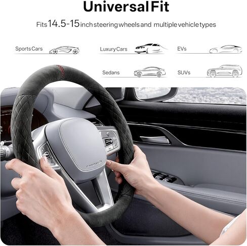 Alcantara Luxury Steering Wheel Cover 14.5" to 15" Fit - Anti-Slip Comfort Grip, Durable Soft Suede-Feel Luxury Material for Men Drivers | Fits Sports Cars, Luxury Cars, Sedans, SUVs and EV in Kuwait