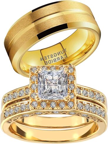 1 قيراط تشيكوسلوفاكيا خاتم الزفاف مجموعة للنساء والرجال الذهب الأصفر مطلي خواتم الزفاف زوجين خاتم التنغستن خاتم الزواج in Kuwait