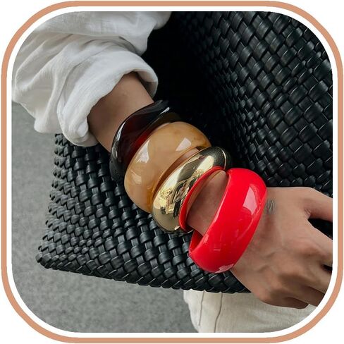 ALEXTINA Vintage Resin Bangle Set for Women – 4PCS Chunky Gold Acrylic Cuff Stack, Red Black Caramel Mix, Bold Summer Statement Bracelets Gift in Saudi Arabia