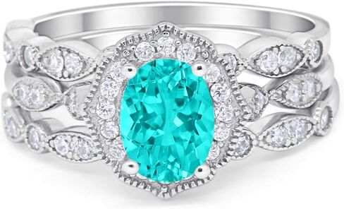 Blue Apple Co. Vintage Style Halo Oval Art Deco Three Piece Wedding Engagement Ring Bridal Set Round Cubic Zirconia 925 Sterling Silver in Saudi Arabia