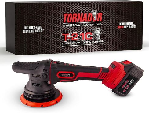 ملمع تورنادور T-21C اللاسلكي المزدوج 21 ملم | محرك بدون فرش | التحكم الإلكتروني في السرعة | يتضمن بطارية 21 فولت، شاحن، لوحة دعم | مثالية للتفاصيل الاحترافية وتشطيب الطلاء in Kuwait