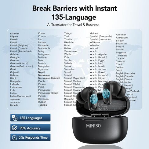 MINISO MS112 AI Translation Earbuds Real Time, 135 Language Translator Earbuds, Heart Rate Sensing Audifonos Traductores Inglés Español, 4-in-1 Translating Bluetooth Headphones for Travel Black in Saudi Arabia