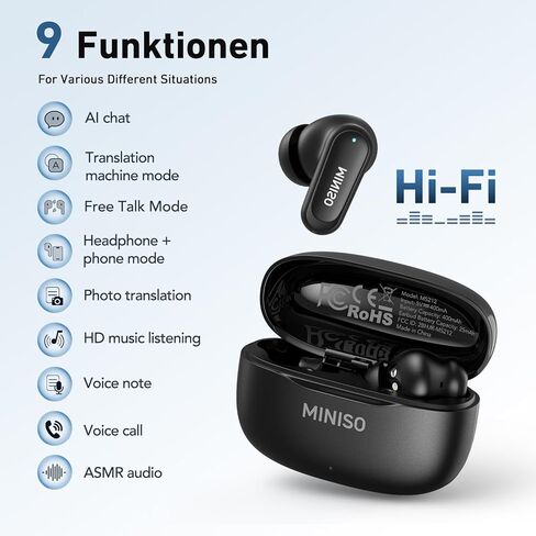 MINISO MS112 AI Translation Earbuds Real Time, 135 Language Translator Earbuds, Heart Rate Sensing Audifonos Traductores Inglés Español, 4-in-1 Translating Bluetooth Headphones for Travel Black in Saudi Arabia