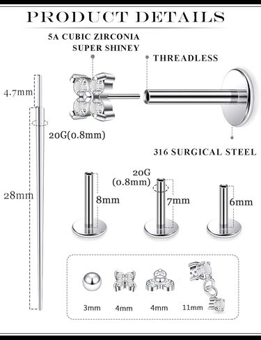 20G 18G 16G Threadless Flat Back Earrings Nose Studs 316L Surgical Steel Tragus Forward Helix Conch Cartilage Lobe Earrings Stud Medusa Labret Monroe Lip Ring Piercing Jewelry For Women Men in Saudi Arabia