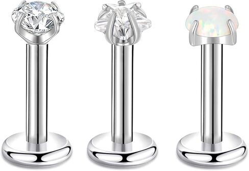 Lantine 3mm Cz Medusa Labret Lip Piercing Jewelry Flat Back Stud Earrings G23 Titanium Opal Conch Cartilage Daith Tragus Forward Helix Piercing Jewelry 6 8 10mm in Saudi Arabia