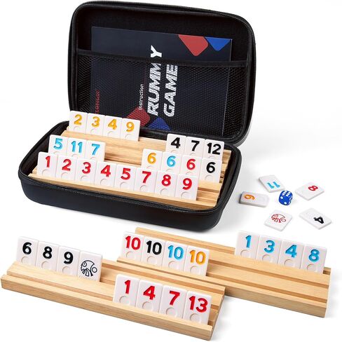 Rummy Cube 6 Player Large Numbers Edition, 160 Rummy Tiles with 6 Wooden Racks, Portable Case & Storage Bag - Classic Board Game for Family Adults & Kids in Saudi Arabia