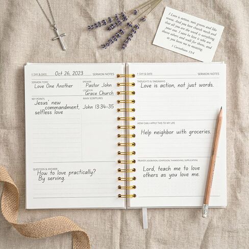 Church Notes Journal - Christian Notebook, Guided 5-in-1 System with Bonus Bible Tabs for Sermon Notes, Small Group (SOAP) & Church Activities, Spiral Bound Linen Hardcover, Christian Gift Idea in Kuwait