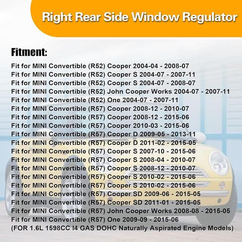 1.6L Rear Passenger Side Window Regulator, Fit for Mini Cooper Chassis R52 2005-2008, Chassis R57 2009-2015, Replace 51377111018 51-37-7-111-018 in Saudi Arabia