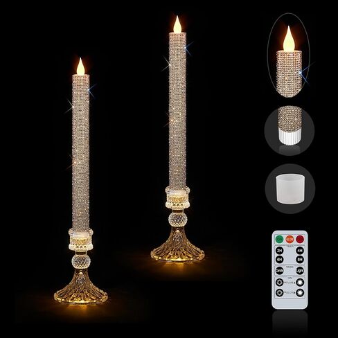 شموع مستدقة LED عديمة اللهب ترغب في حامل مضيء - حامل شموع زجاجي، مؤقت عن بعد بطارية 2AA تعمل لأكثر من 500 ساعة لديكور عيد الشكر/عيد الميلاد، قطعة مركزية للزفاف (وردة كريستال، عبوتان) in Kuwait