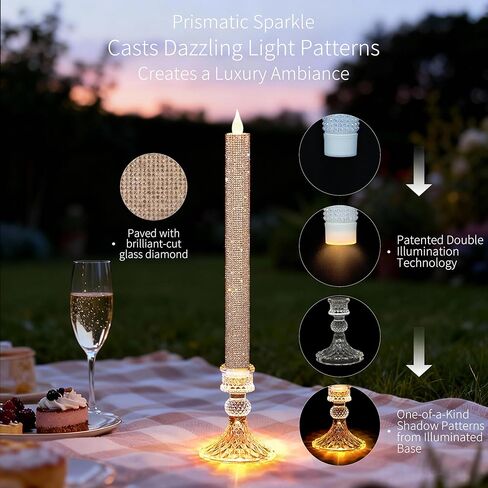 شموع مستدقة LED عديمة اللهب ترغب في حامل مضيء - حامل شموع زجاجي، مؤقت عن بعد بطارية 2AA تعمل لأكثر من 500 ساعة لديكور عيد الشكر/عيد الميلاد، قطعة مركزية للزفاف (وردة كريستال، عبوتان) in Kuwait
