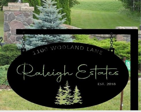 Personalized Metal Oval Sign with Evergreens, Laser Cut Powder Coated Decorative Outdoor Sign, Custom Address Plaque with Hanging Chain (Copper patina, 48 inch) in Saudi Arabia