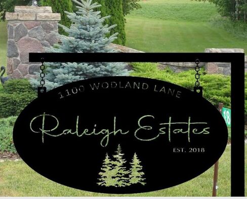Personalized Metal Oval Sign with Evergreens, Laser Cut Powder Coated Decorative Outdoor Sign, Custom Address Plaque with Hanging Chain (Copper patina, 36 inch) in Saudi Arabia