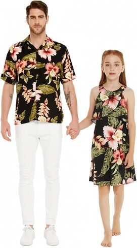 Matchable Hawaiian Luau Father Daughter Men Shirt Girl Round Neck Dress in Rafelsia Black in Saudi Arabia