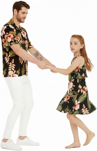 Matchable Hawaiian Luau Father Daughter Men Shirt Girl Round Neck Dress in Rafelsia Black in Saudi Arabia