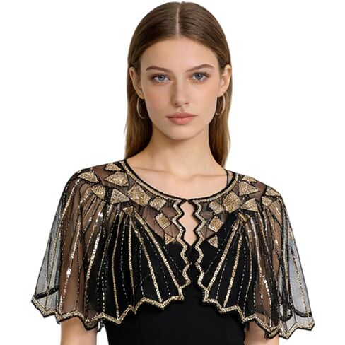 NICENEEDED Vintage 1920s Women's Shawl Wraps, Black Sequin Beaded Flapper Evening Shawls, Semi-sheer Bridal Shawl Bolero for Formal Party Wedding Formal Harlem Night in Saudi Arabia