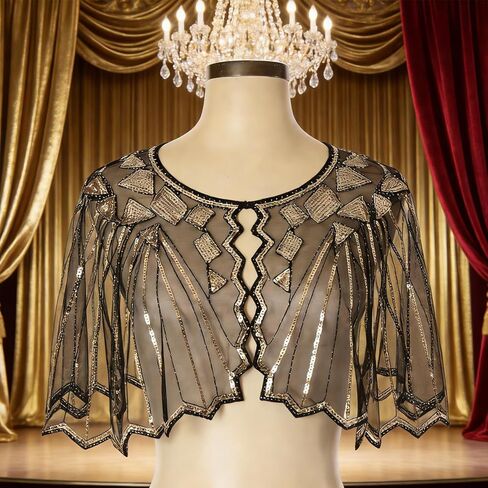NICENEEDED Vintage 1920s Women's Shawl Wraps, Black Sequin Beaded Flapper Evening Shawls, Semi-sheer Bridal Shawl Bolero for Formal Party Wedding Formal Harlem Night in Saudi Arabia
