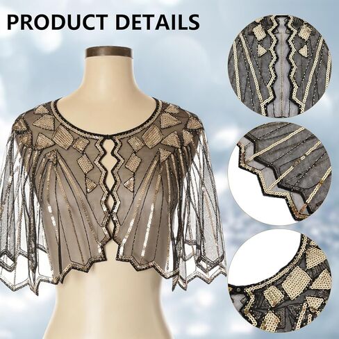 NICENEEDED Vintage 1920s Women's Shawl Wraps, Black Sequin Beaded Flapper Evening Shawls, Semi-sheer Bridal Shawl Bolero for Formal Party Wedding Formal Harlem Night in Saudi Arabia