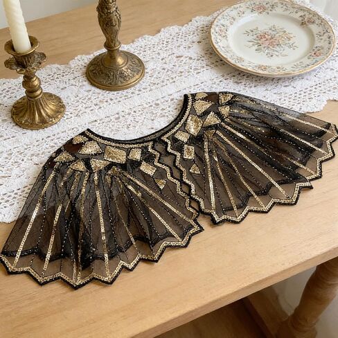 NICENEEDED Vintage 1920s Women's Shawl Wraps, Black Sequin Beaded Flapper Evening Shawls, Semi-sheer Bridal Shawl Bolero for Formal Party Wedding Formal Harlem Night in Saudi Arabia