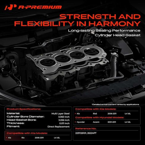 A-Premium Engine Cylinder Head Gasket Compatible with Hyundai Accent 2001-2011 & Kia Rio 2006-2011, Rio5 2006-2011, 1.6L, Multi-Layer Steel in Saudi Arabia