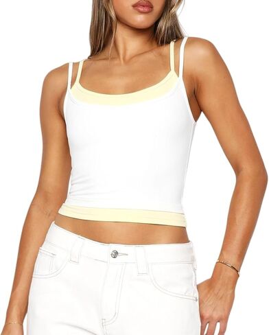 Women Double Layered Tank Tops Spaghetti Strap Yoga Workout Tops Camis Casual Going Out Cropped Top in Saudi Arabia