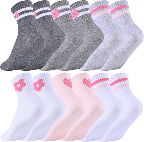 6 Pairs Girls Crew Athletic Socks with Hearts Striped Flower Soft Cotton School Casual Sock for Girls Boys in Saudi Arabia