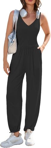 MAKABO Women's Summer One Piece Jumpsuits Casual Tank Top V Neck Wide Leg Pant Rompers Outfits with Pockets in Saudi Arabia
