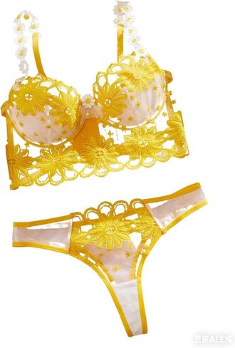Women's Sexy Lingerie Set, Yellow Sunflower Floral Sheer Underwire Bra with Adjustable Straps and Panty in Saudi Arabia