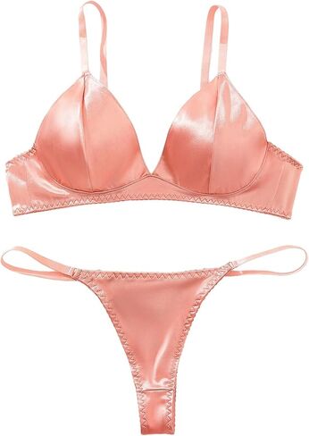 SHENHE Women's Satin Lingerie Set 2 Piece V Neck Triangle Bra and Panty Thong Set in Saudi Arabia
