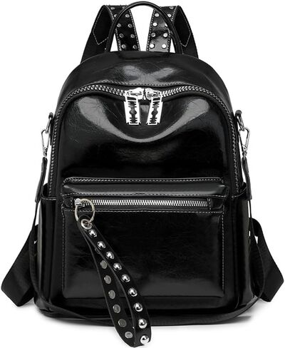 حقائب ظهر أنيقة للنساء من Downupdown حقيبة ظهر جلدية ناعمة لامعة مع مقبض علوي وسحاب ومحفظة حقائب كتف للسفر حقيبة يومية كاجوال مقاومة للماء - فضي in Kuwait