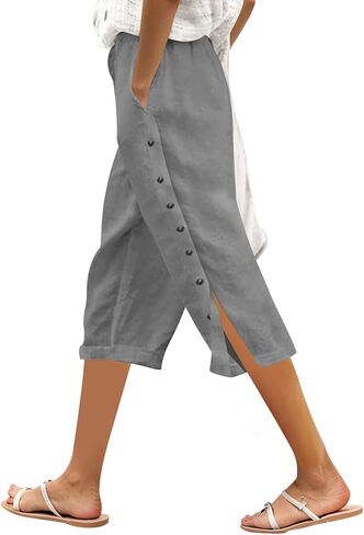 Linen Capri Pants Women 2026 Spring Summer Casual Drawstring Side Button Elastic Waist Straight Wide Leg Cropped Pant in Saudi Arabia