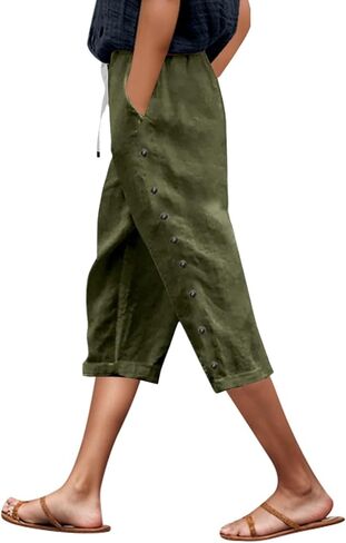 Linen Capri Pants Women 2026 Spring Summer Casual Drawstring Side Button Elastic Waist Straight Wide Leg Cropped Pant in Saudi Arabia