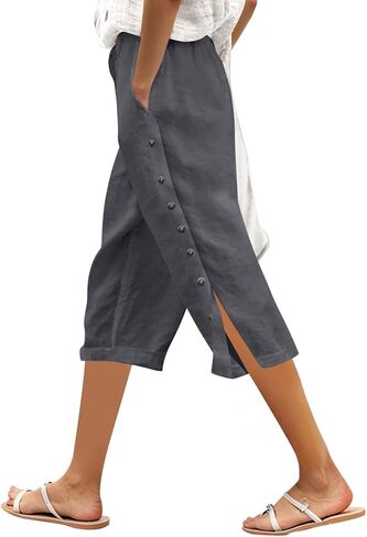 Linen Capri Pants Women 2026 Spring Summer Casual Drawstring Side Button Elastic Waist Straight Wide Leg Cropped Pant in Saudi Arabia