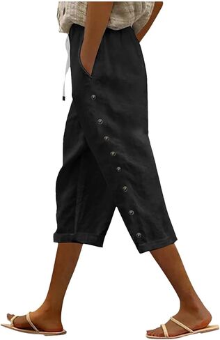 Linen Capri Pants Women 2026 Spring Summer Casual Drawstring Side Button Elastic Waist Straight Wide Leg Cropped Pant in Saudi Arabia