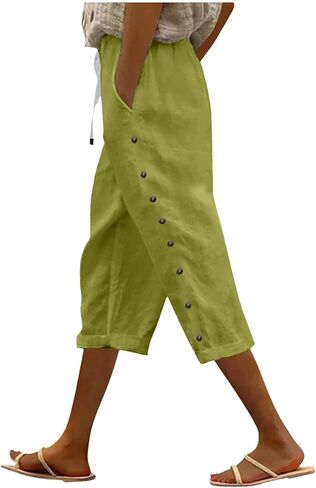 Linen Capri Pants Women 2026 Spring Summer Casual Drawstring Side Button Elastic Waist Straight Wide Leg Cropped Pant in Saudi Arabia
