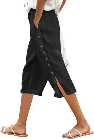 Linen Capri Pants Women 2026 Spring Summer Casual Drawstring Side Button Elastic Waist Straight Wide Leg Cropped Pant in Saudi Arabia