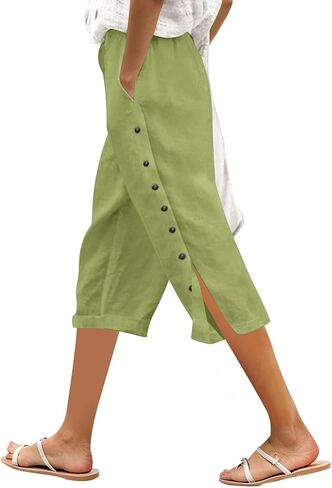 Linen Capri Pants Women 2026 Spring Summer Casual Drawstring Side Button Elastic Waist Straight Wide Leg Cropped Pant in Saudi Arabia