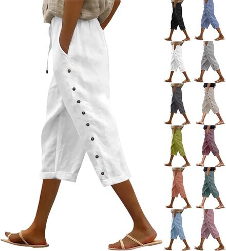 Linen Capri Pants Women 2026 Spring Summer Casual Drawstring Side Button Elastic Waist Straight Wide Leg Cropped Pant in Saudi Arabia