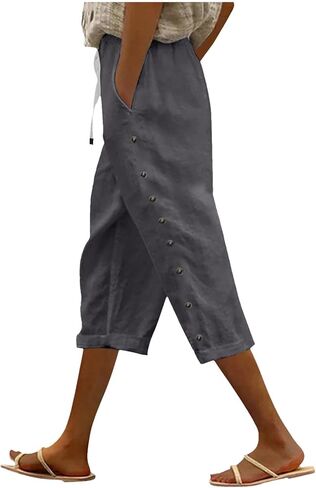 Linen Capri Pants Women 2026 Spring Summer Casual Drawstring Side Button Elastic Waist Straight Wide Leg Cropped Pant in Saudi Arabia