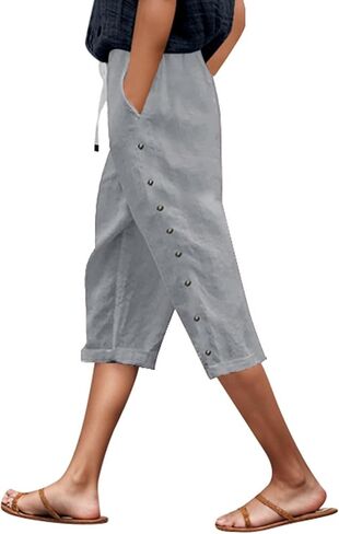 Linen Capri Pants Women 2026 Spring Summer Casual Drawstring Side Button Elastic Waist Straight Wide Leg Cropped Pant in Saudi Arabia